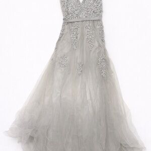 Elegant Gray Tulle & Lace Embellished Gown